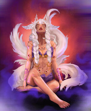 A celestial angel-kitsune looks at the viewer with golden eyes, surrounded by swirling mists of red and purple. They have two sets of eyes and wings extending from their hair, and their body is covered in purple tattoos and red eyes. They wear purple silks