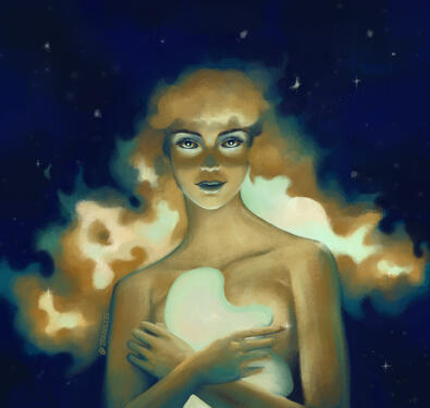 Illustration in blue, green, and yellow of a woman with her arms folded. Her hair floats around her, glowing and transforming. She holds a glowing organic shape against her chest, surrounded by stars in a dark expanse.