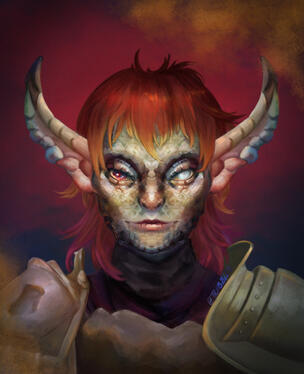 A portrait of a humanoid chromatic Dragonborn - he has red and pink hair, and his scales are a combination of all the colors of the rainbow. He looks at the viewer - he has one pink and red eye, and one blind eye that is opalescent. He wears heavy armor on