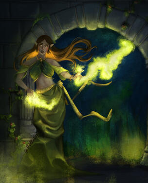 An illustration of a woman in a two piece green dress standing near a stone gateway - there are vines and flowers growing around her, and her hair glows with a golden hue. There is magic coming from her hands and creating an unsettling green cast