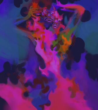 A feminine figure made of multicolored flames pulls at its head while surrounding colors and shapes merge with the figure. Multiple faces ponder the same thought as if they are all lost in thought