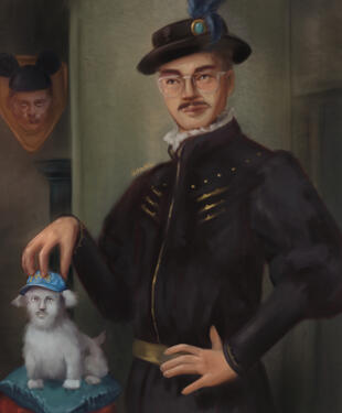 Inspired by Portrait of a Young Man, a portrait featuring Jesse Farrar as a renaissance noble and Stefan Heck as medieval dog with a human face. The head of Joeys World Tour (rip) is mounted in the corner, wearing his Mickey Mouse ears from his iconic Nute