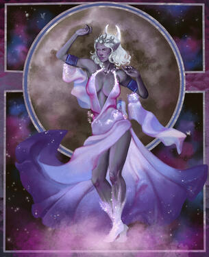 An Aasimar-Drow woman stands in front of the moon, wearing an iridescent dress and starry accessories. She wears an ornate moon crown with opals, and her skin is slightly iridescent. Character belongs to StarfallVR