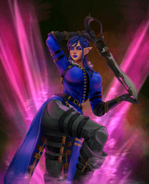 A badass Elezen fighter with void-touched eyes wields a gunblade, smirking down at the viewer. She wears a long blue coat covered in buckles and poppies in her blue streaked hair. Character belongs to Kira.