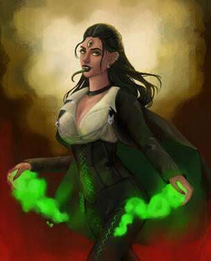 Illustration of a woman with flowing green energy coming from her hands. She is in motion, turning to face us, her coat her flowing out behind her and her dark hair backlit by the yellow light surrounding her. She wears wolf buttons and dark clothing with